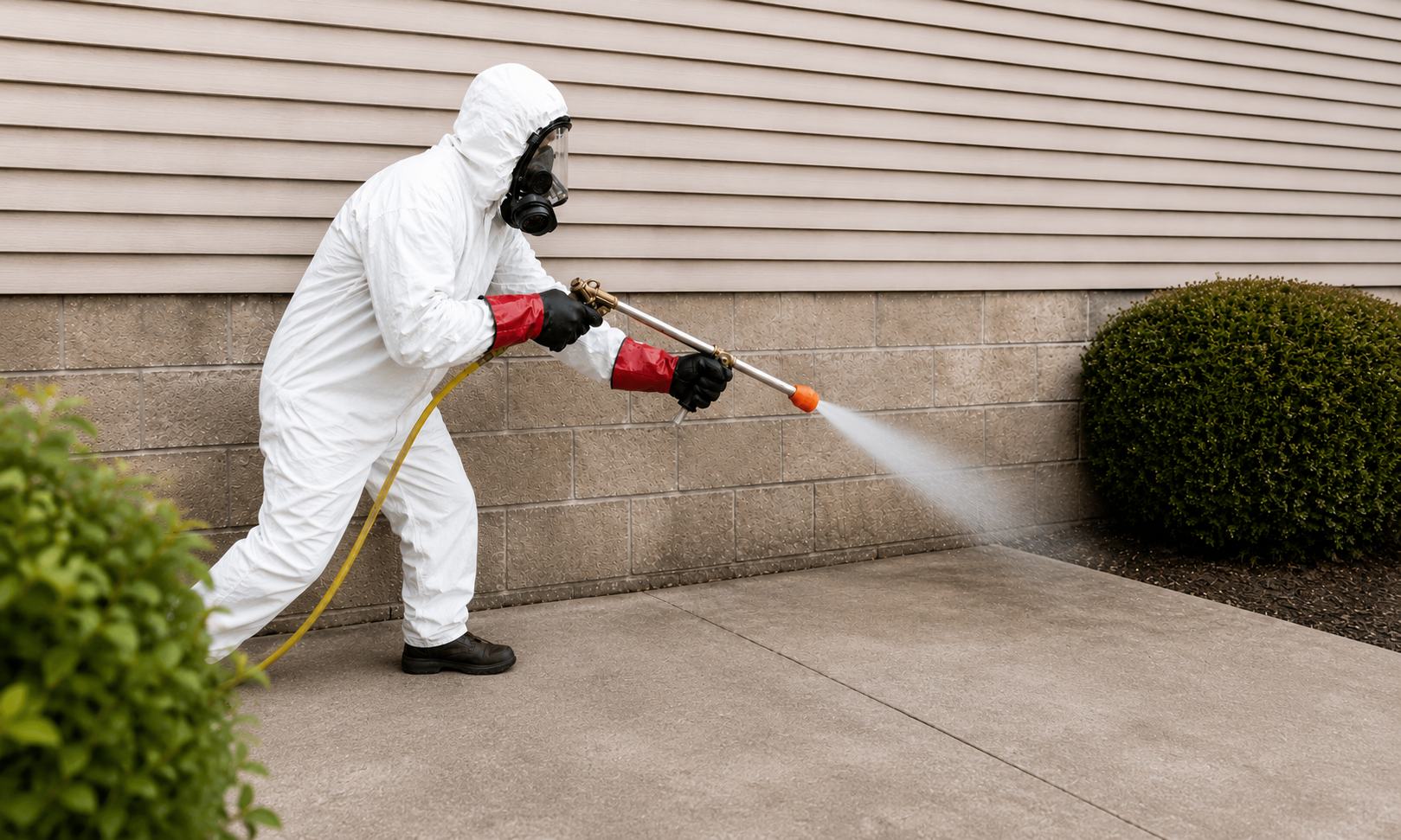 Técnico de Fumiactiva 24 aplicando control de plagas en el exterior de una vivienda